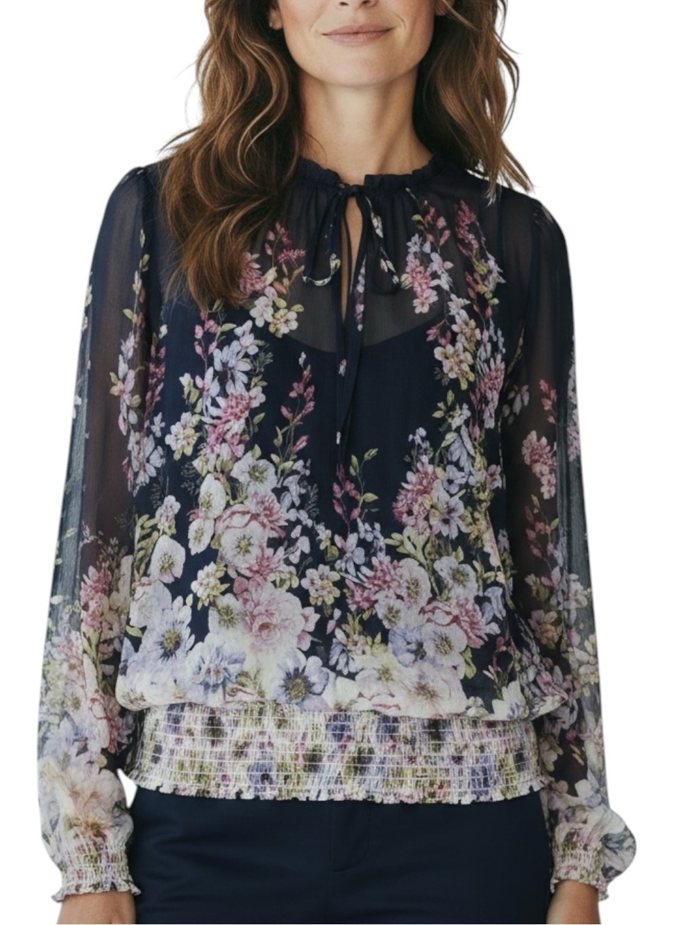 NWT WHITE HOUSE BLACK MARKET Navy Floral Sheer Long Sleeve Blouse Size Large